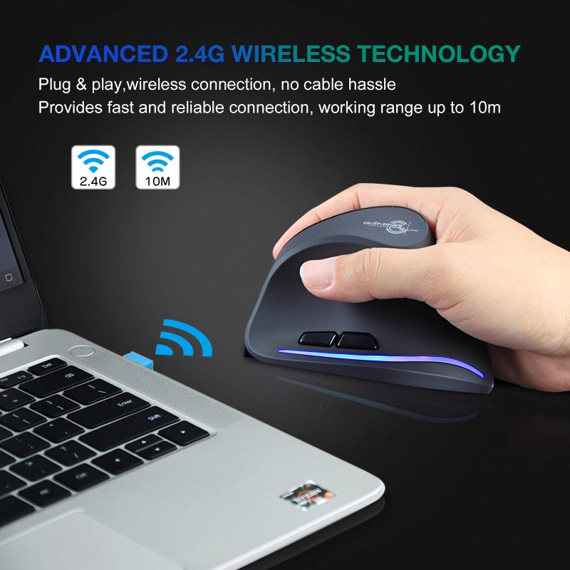 TRELC Ergonomic Mouse, 2.4G Wireless Vertical Optical Mouse with Adjustable Sensitivity (1000/1600/2400 DPI), 6 Buttons for PC, Desktop, Laptop, Notebook (Black) - Image 3